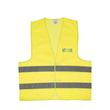 Gele veiligheidsvest met 2 reflecterende strepen voor volwassenen met jouw bedrukking