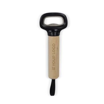 Flesopener van ABS en staal met houten handvat en draaglint