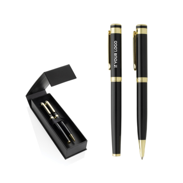 Set pennen van gerecycled messing met gouden details en blauwe inkt