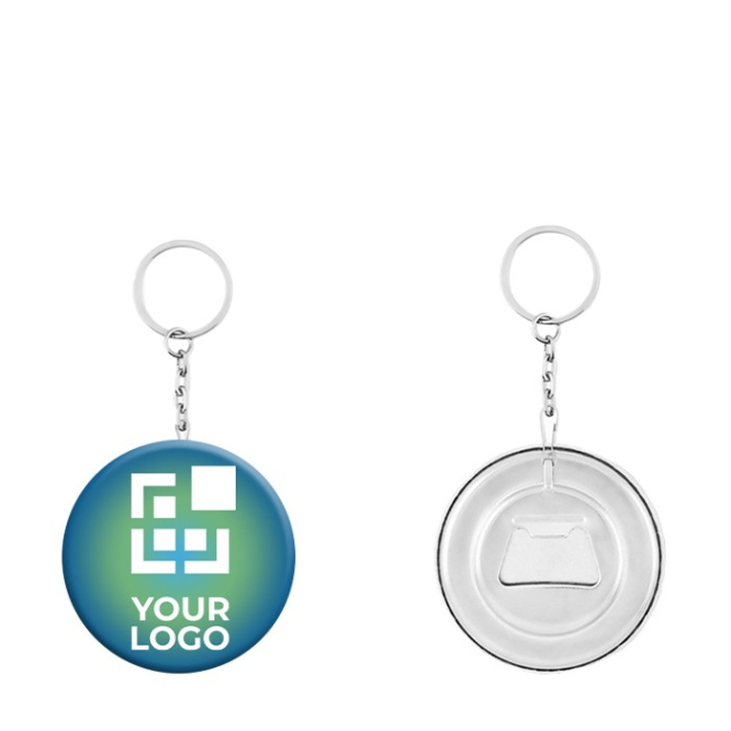 Sleutelhanger met button en flesopener Ø58mm kleur matzilver