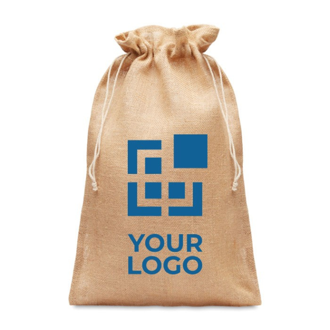 Grote jute tas bedrukken met koordsluiting weergave met jouw bedrukking