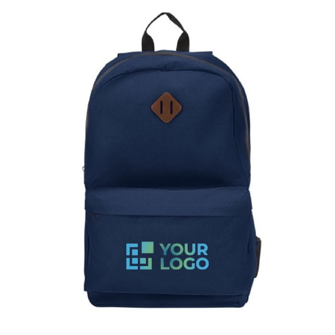 Gepersonaliseerde 15” laptop rugzak met logo kleur marineblauw tweede weergave voorkant
