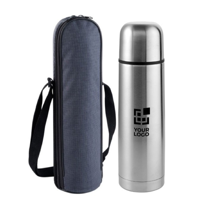 Thermoskan met hoes en schouderband kleur blauw vierde weergave