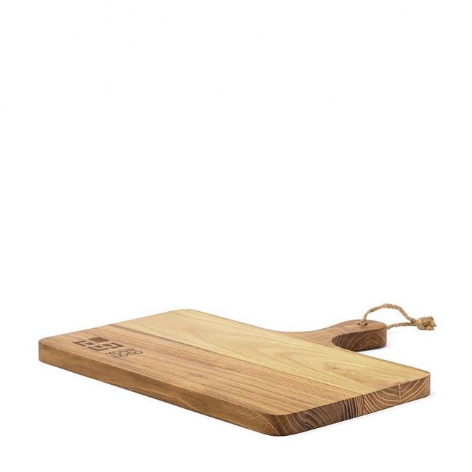 Teakhouten snijplank met logo en praktische handgreep