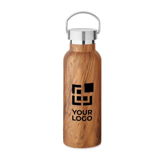 Dubbelwandige fles van gerecycled staal en houtlook 500 ml