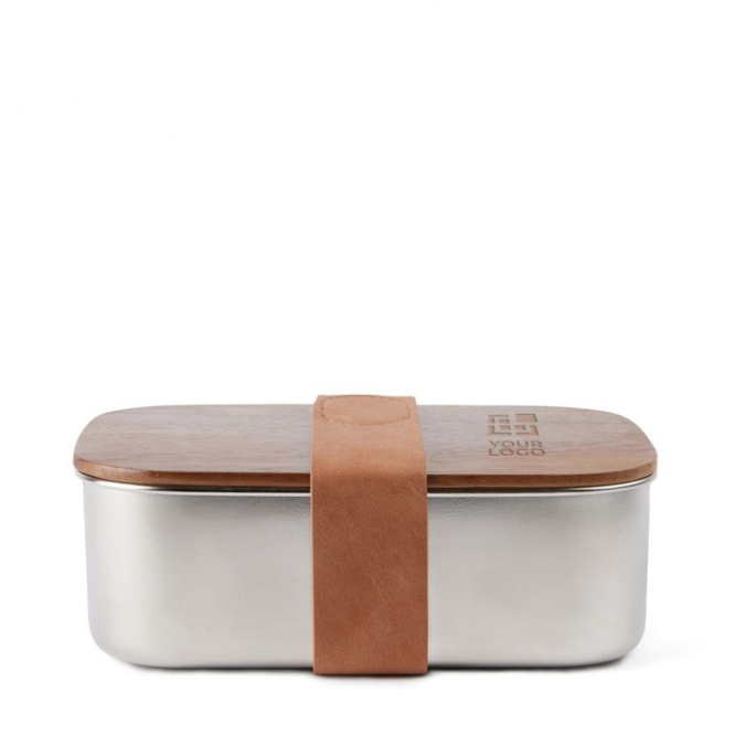Lunchbox van gerecycled roestvrij staal met houten sluiting en deksel