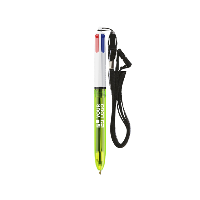 Plastic pen met lanyard, inkt in 3 kleuren en 1 markeerstift BIC®