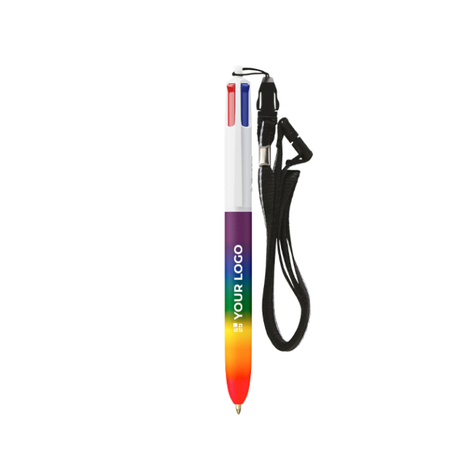 Plastic pen in regenboogkleuren met koord en 4 kleuren inkt BIC®