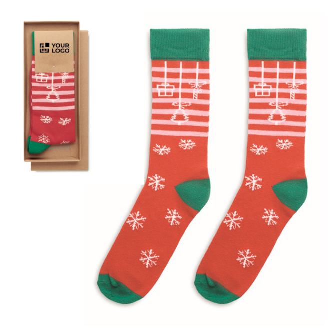 Grote maat kerstsokken met logo kleur rood met kersttekeningen