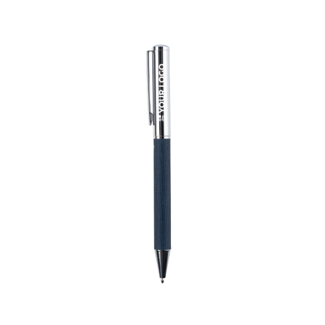 Draaibare rollerpen van messing en RPET met blauwe inkt