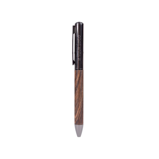 Elegante houten balpen met draaisysteem en blauwe inkt