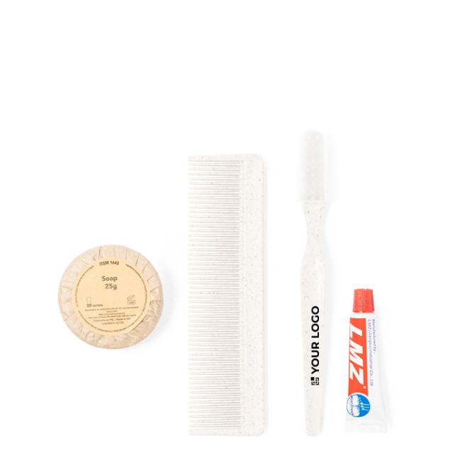 Tandenborstel met logo, tandpasta, zeep en kam kleur naturel 