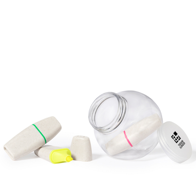 Set fluorescerende markers in een transparant potje met logo