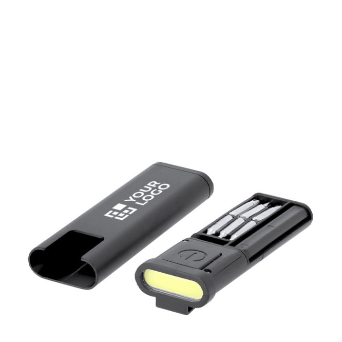 Etui in de vorm van een zaklamp met 6 tools binnenin