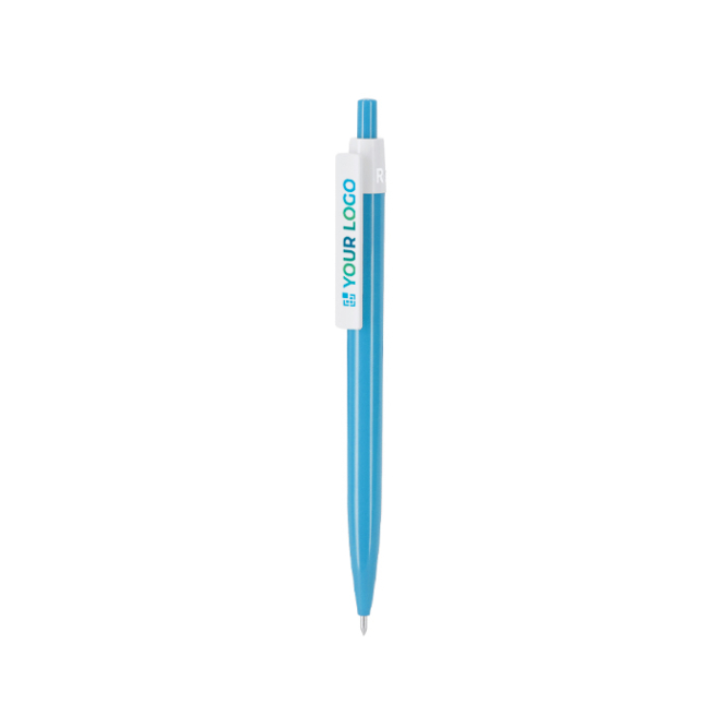 Gerecyclede kunststof pen met clip en drukknop, blauwe inkt