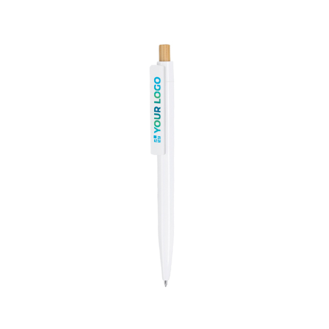 Plastic pen met bamboe drukknop en blauwe inkt