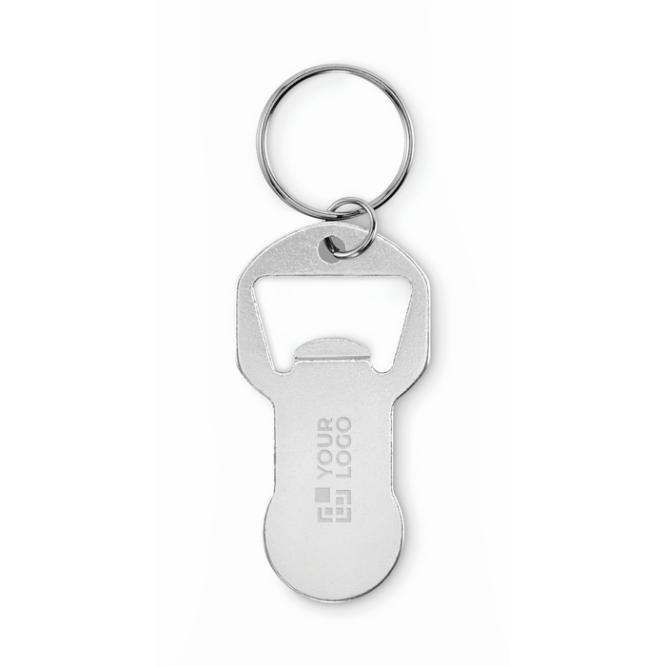 Aluminium gerecyclede sleutelhanger-flesopener met winkelwagenmunt