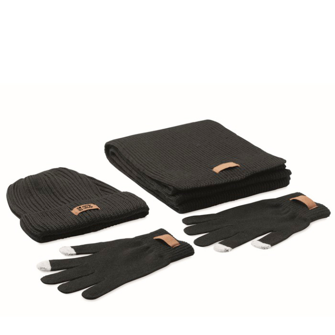 Winterset met sjaal, handschoenen en muts met logo op etiket