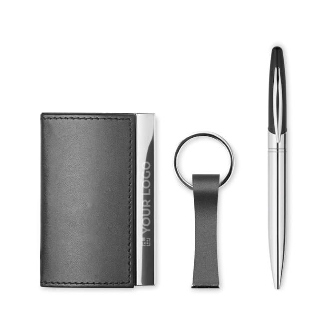 Aantrekkelijke cadeauset voor bedrijven met balpen, sleutelhanger en kaarthouder