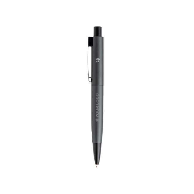 Aluminium pen met zilverkleurige details en blauwe inkt