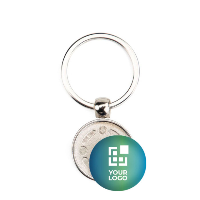 Ronde metalen sleutelhanger met personalisatie aan beide zijden en dop met jouw bedrukking