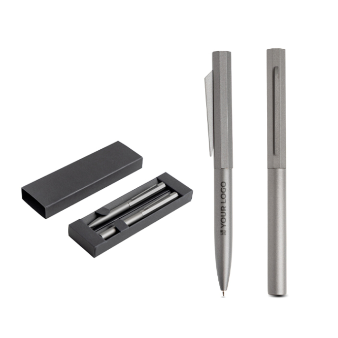 Set balpen en rollerpen van aluminium met hexagonaal design