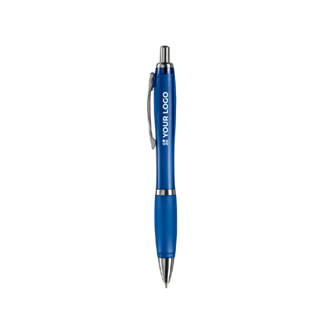 Transparante kunststof pen met metallic details en blauwe inkt