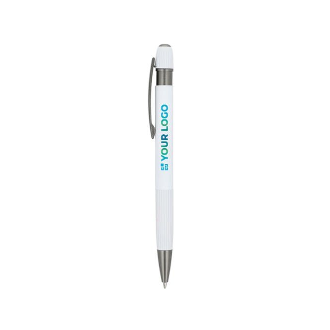 Aluminium klikpen met verticale strepen, blauwe inkt