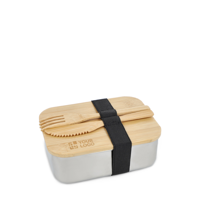 RVS lunchbox met bamboe deksel, bestek, elastische sluiting