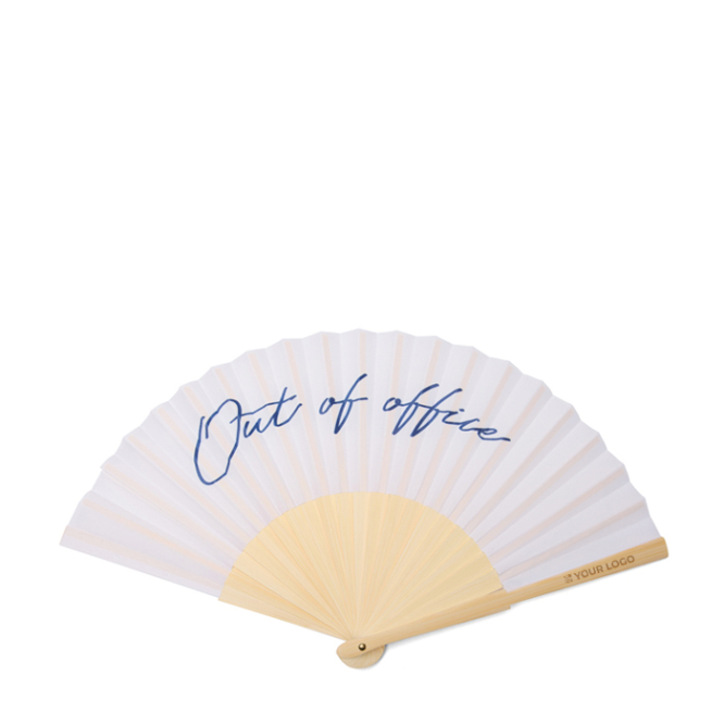 Draagbare bamboe waaier met de tekst ‘Out of the office’