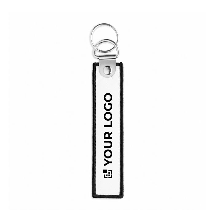 Geborduurde polyester sleutelhanger met dubbele ring, te bedrukken