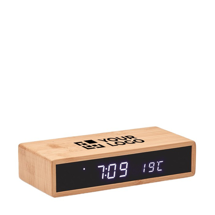 Draadloze oplader met logo en wekker kleur hout