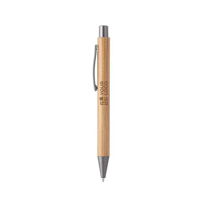 Bamboe balpen met metalen clip in blauwe inkt