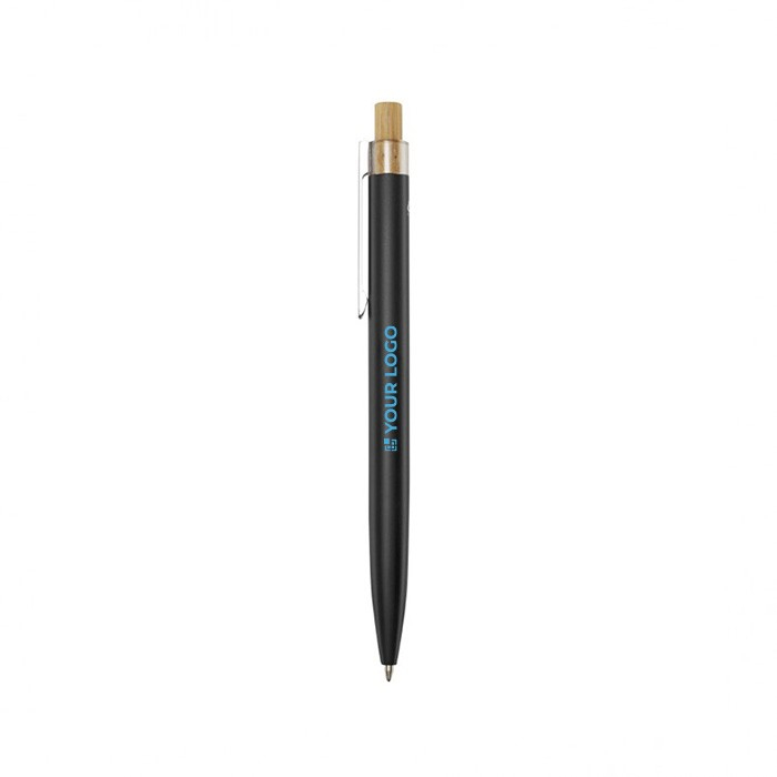 Pen van aluminium en bamboe met transparant blauw inktdetail