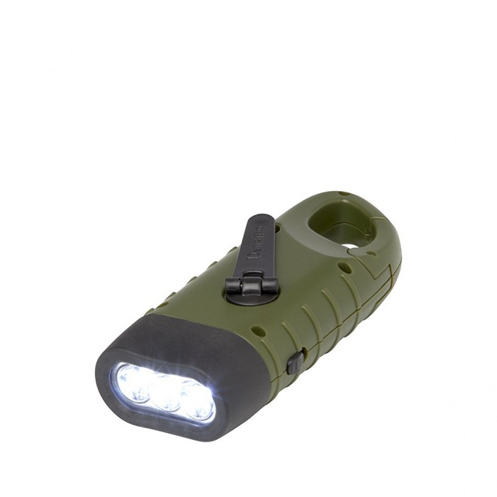 Gerecyclede plastic dynamo-zaklamp met karabijnhaak