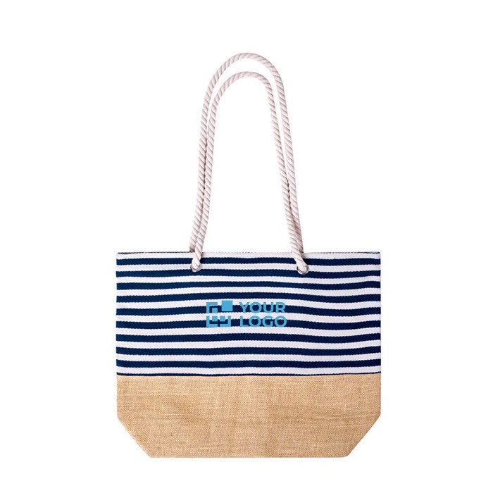 Gestreepte katoenen strandtas met jute basis 450g/m2