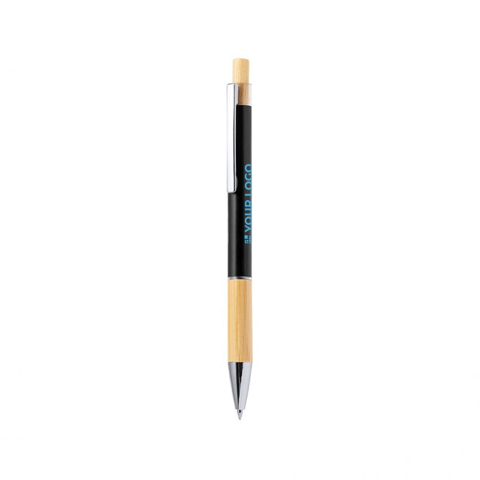 Aluminium balpen met drukknop en bamboedetail, blauwe inkt