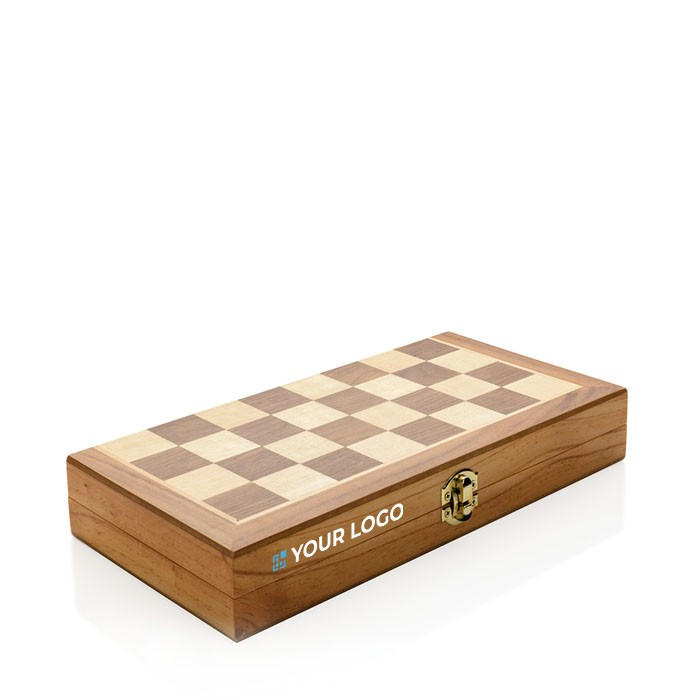 Houten, opvouwbaar schaakspel met logo weergave met jouw bedrukking