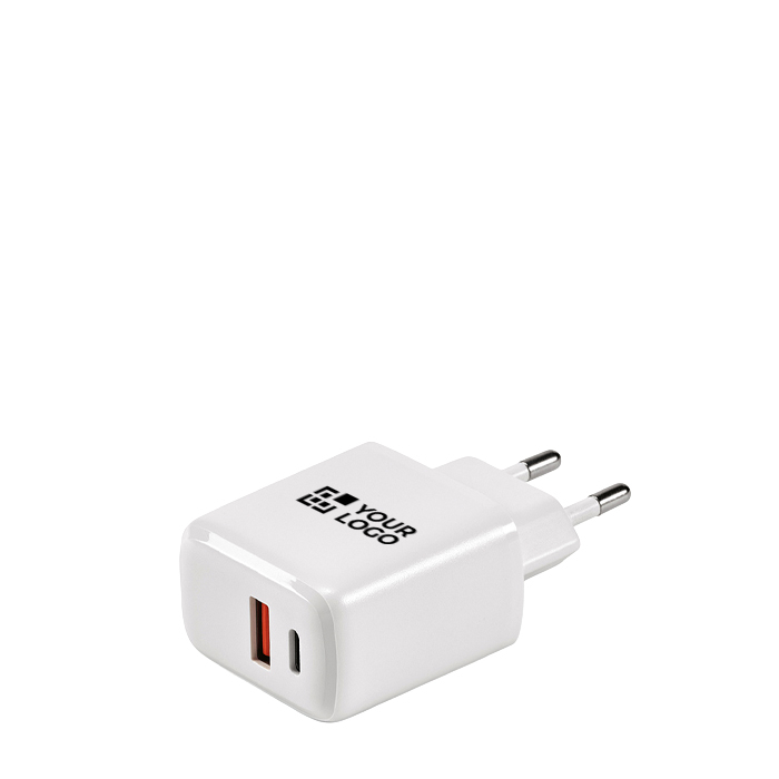 Wandlader van gerecycled kunststof met USB-A- en USB-C-poort 20 W
