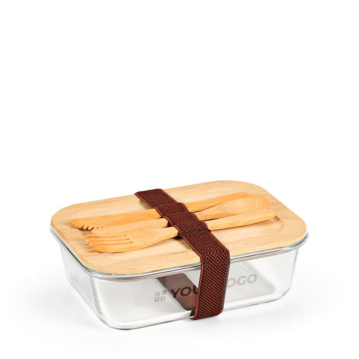 Glazen lunchbox met bamboe, bestek en elastische band 800 ml