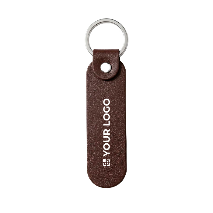 Langwerpige sleutelhanger van synthetisch leer met geschenkdoos