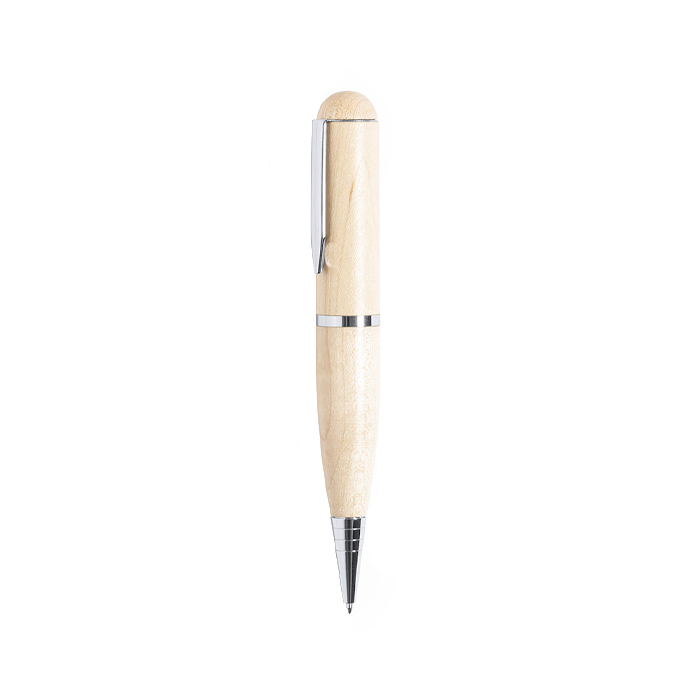 Ecologische USB-pen van hout, draaibaar en met blauwe inkt