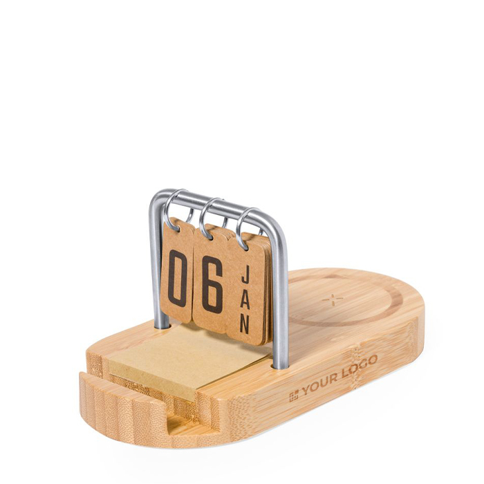 Draadloze bamboe oplader met kalender en telefoonhouder 15W