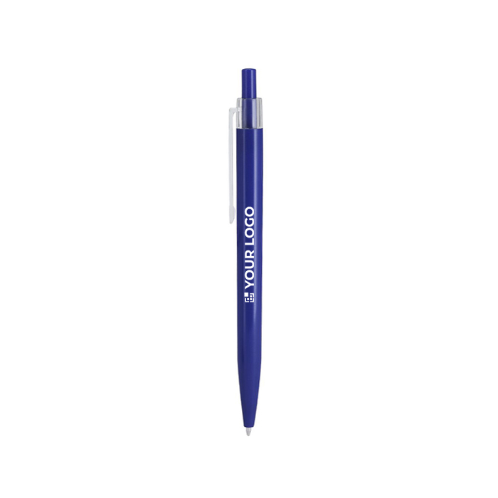 Plastic drukpen met transparante clip en blauwe inkt