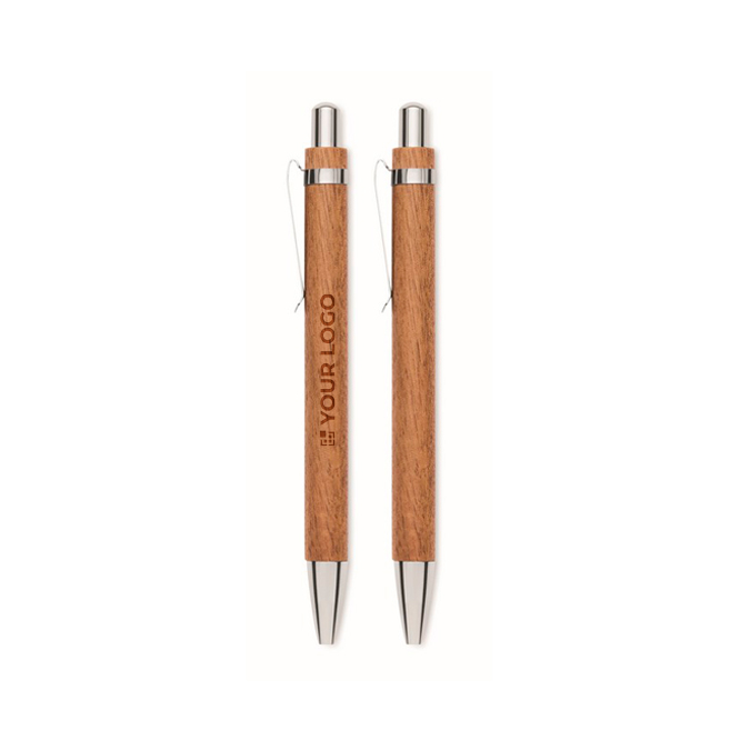 Houten schrijfset met blauwe pen en vulpotlood