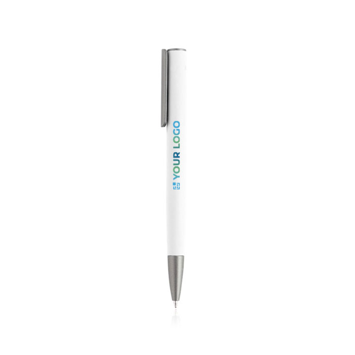 Gerecyclede aluminium balpen met rubberafwerking, blauwe inkt met jouw bedrukking