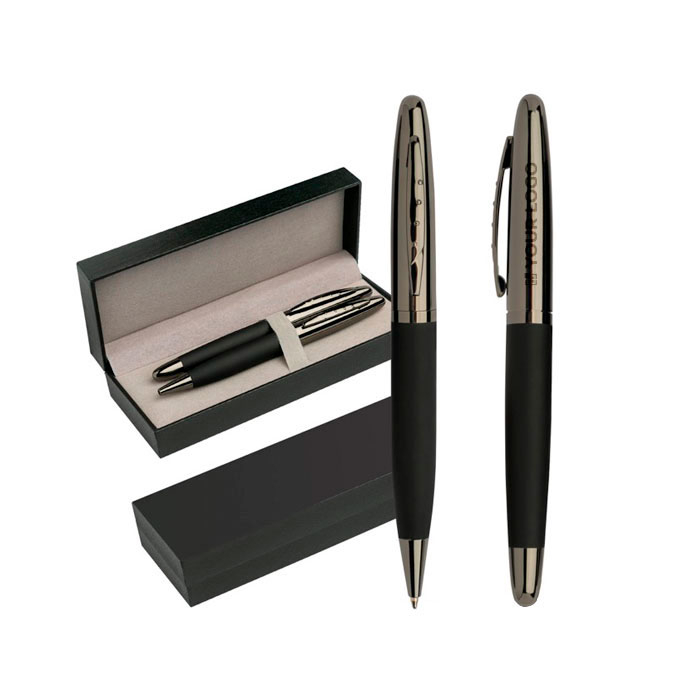 Set van metalen balpen en roller met rubberachtige grip, blauwe inkt met jouw bedrukking