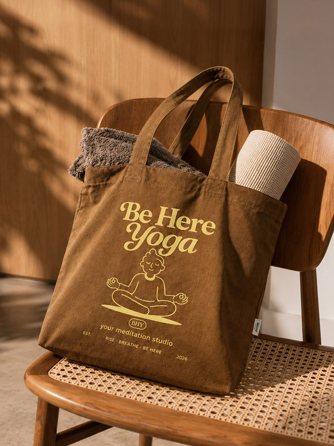 Bruine totebag met het logo van een yogastudio erop gedrukt