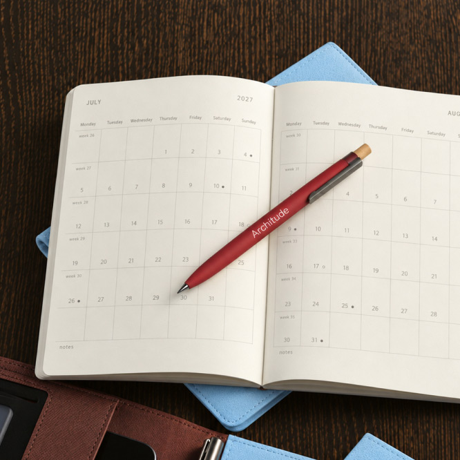 Open agenda voor 2027 met maandoverzichten en een pen met merklogo