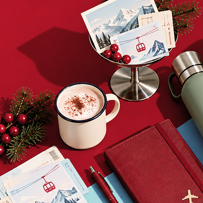 Zakelijke kerstcadeaus, waaronder een mok, fles, notitieboekje en pen